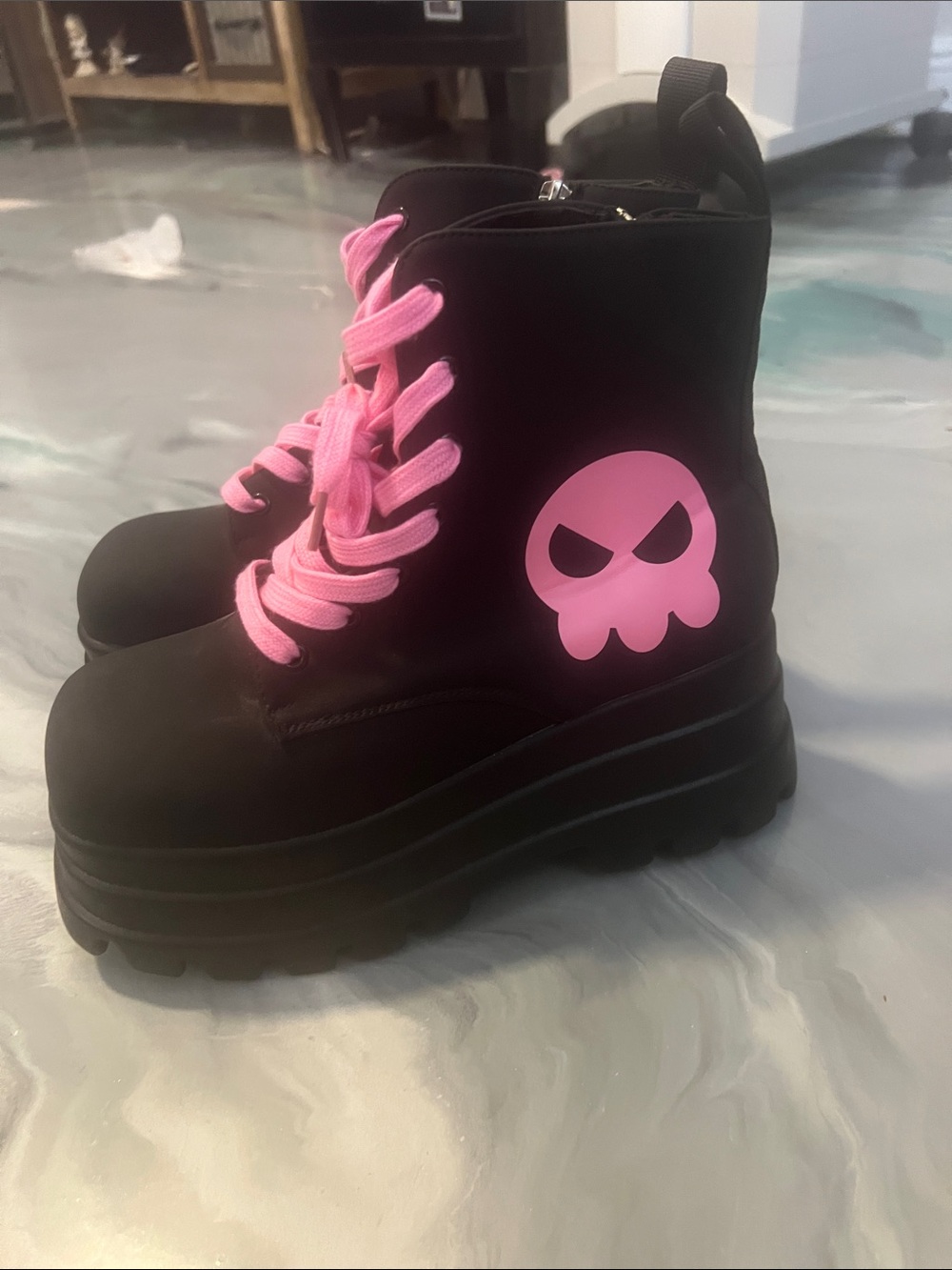 Kids Black Platform Boots with Pink Laces and Skull Accent